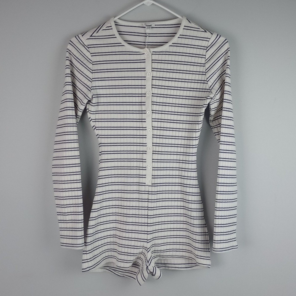 Garage Womens XS White Blue Striped Ribbed Long Sleeve Henley Pajama Romper